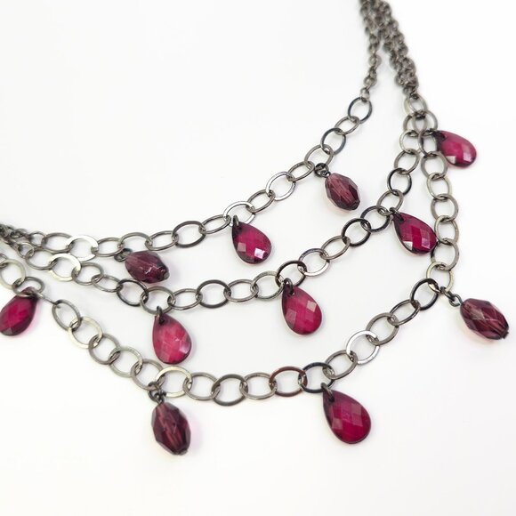 Express Womens Burgundy Wine Red Faceted Bead Layered Gunmetal Chain Necklace - Picture 2 of 4